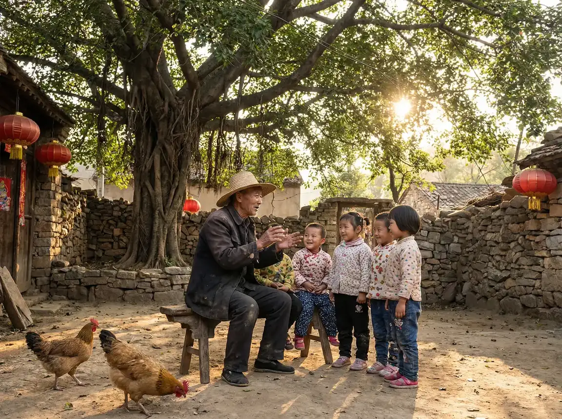 老人在大榕树下给孩子们讲故事 - 中储粮大火 乡村记忆